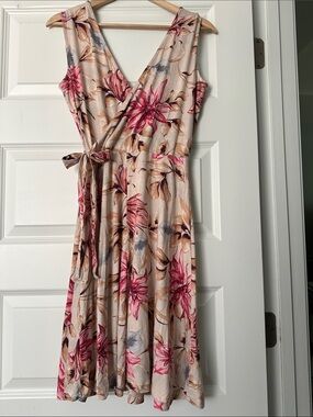 Lascana Sleeveless Wrap Midi Dress in Beige with Pink Floral Print